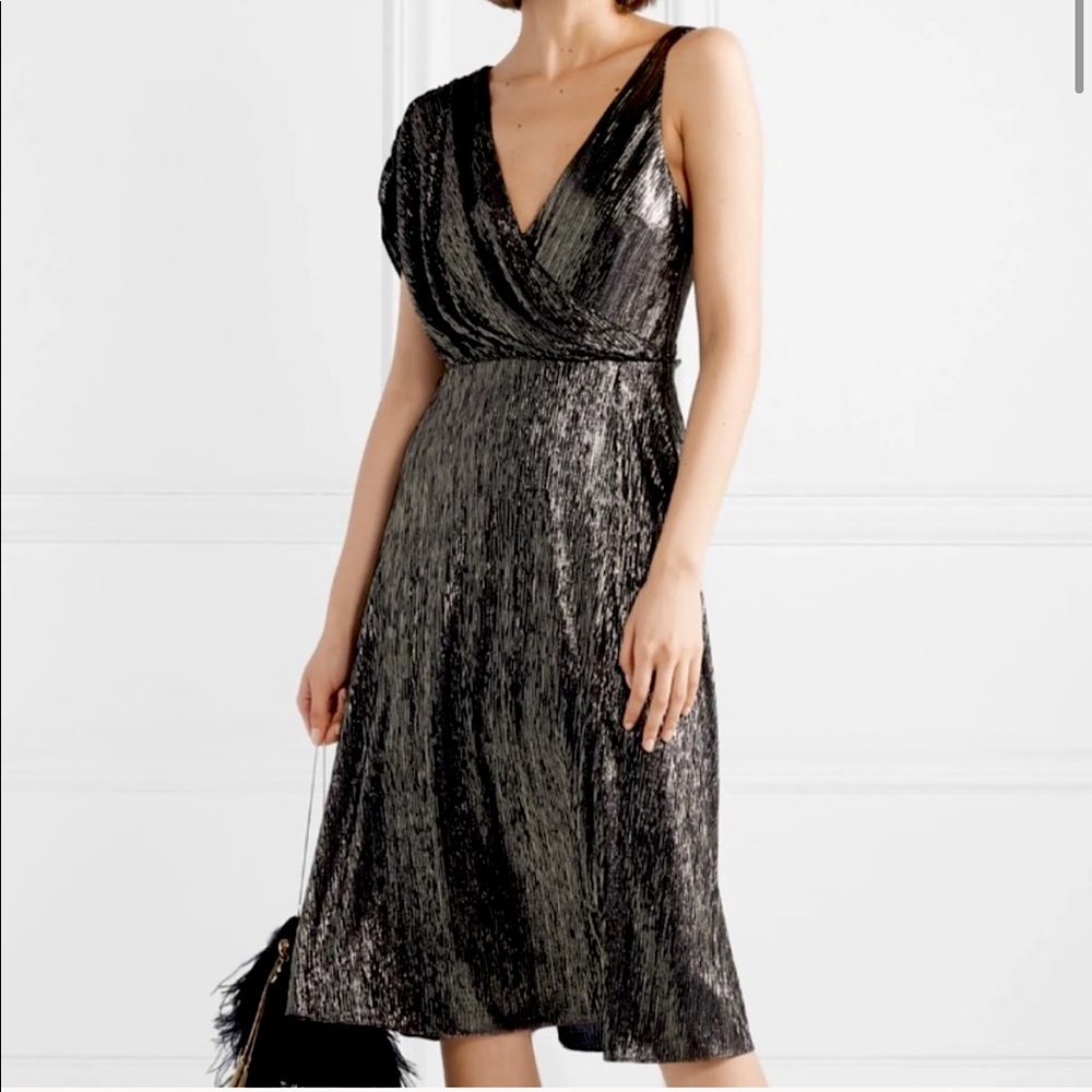 Alice & Olivia Roxy Front Drape MIDI metallic Dress NWT